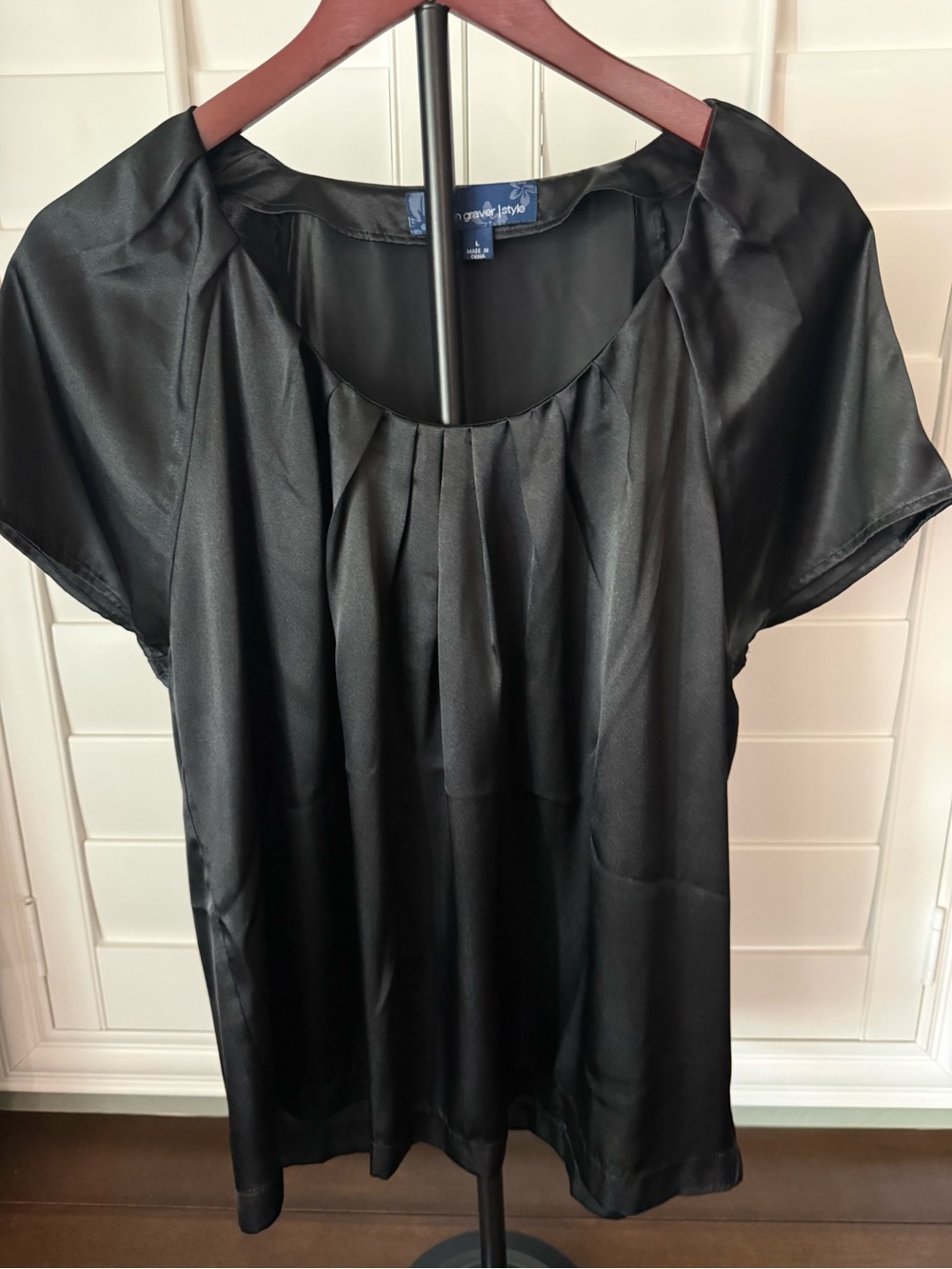 Susan Graver Black Satin Pleated Short-Sleeve Blouse